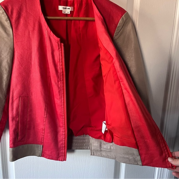 Helmut Lang Lamb Leather 3/4 Sleeve Full Zip Collarless Bomber Jacket Medium - Picture 8 of 14